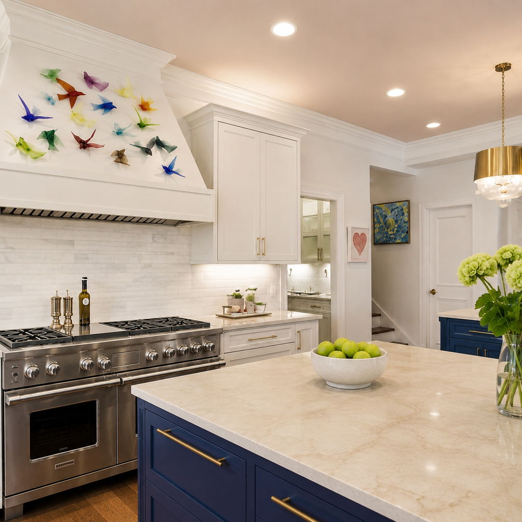 White kitchen with glass bird art on the range hood and a navy island