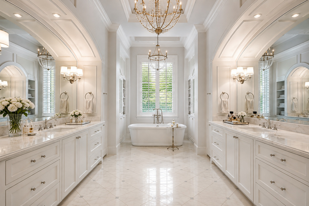 Primary bathroom with a freestanding tub, double vanities, and a chandelier