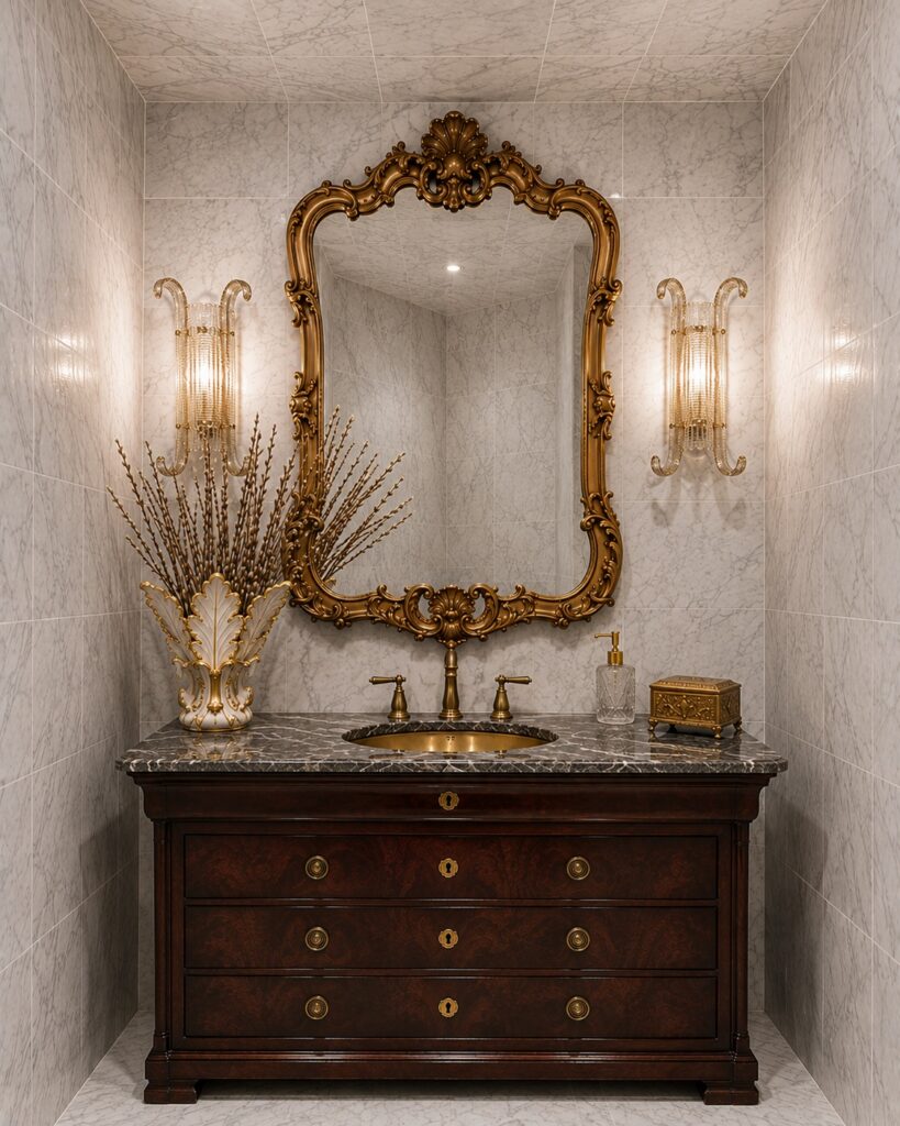 Powder room with a carved gold mirror and an antique wood vanity