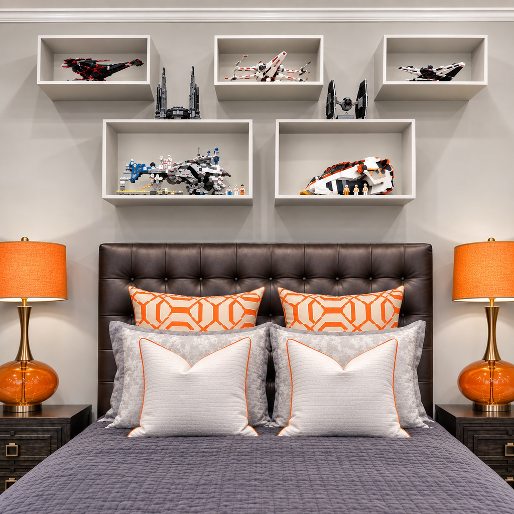 Boy's bedroom with a tufted headboard, orange lamps, and display shelves