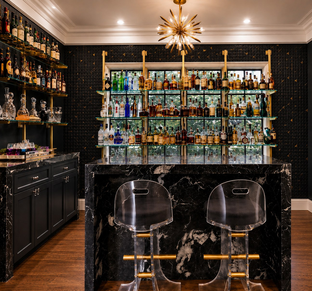 Black home bar with a marble waterfall counter, acrylic stools, and a sunburst chandelier