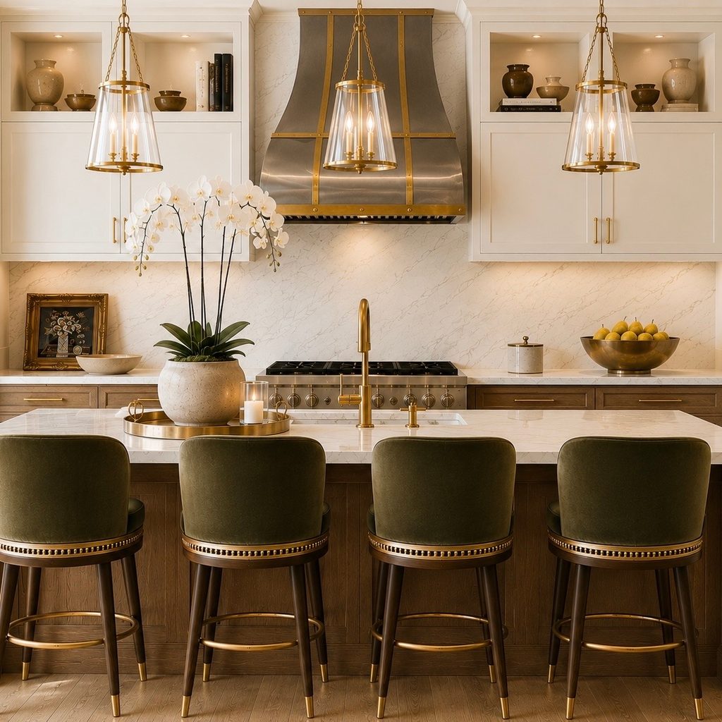 Kitchen with a brass-trimmed range hood, lantern pendants, and olive velvet counter stools