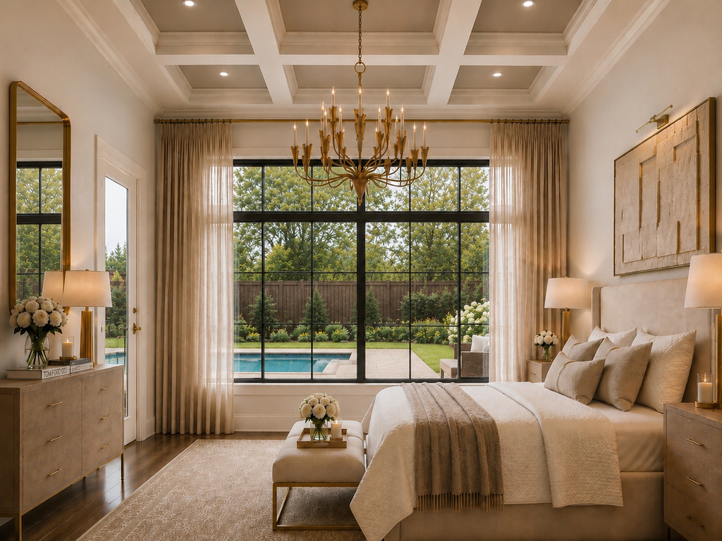 Serene bedroom with a gold chandelier, coffered ceiling, and pool view