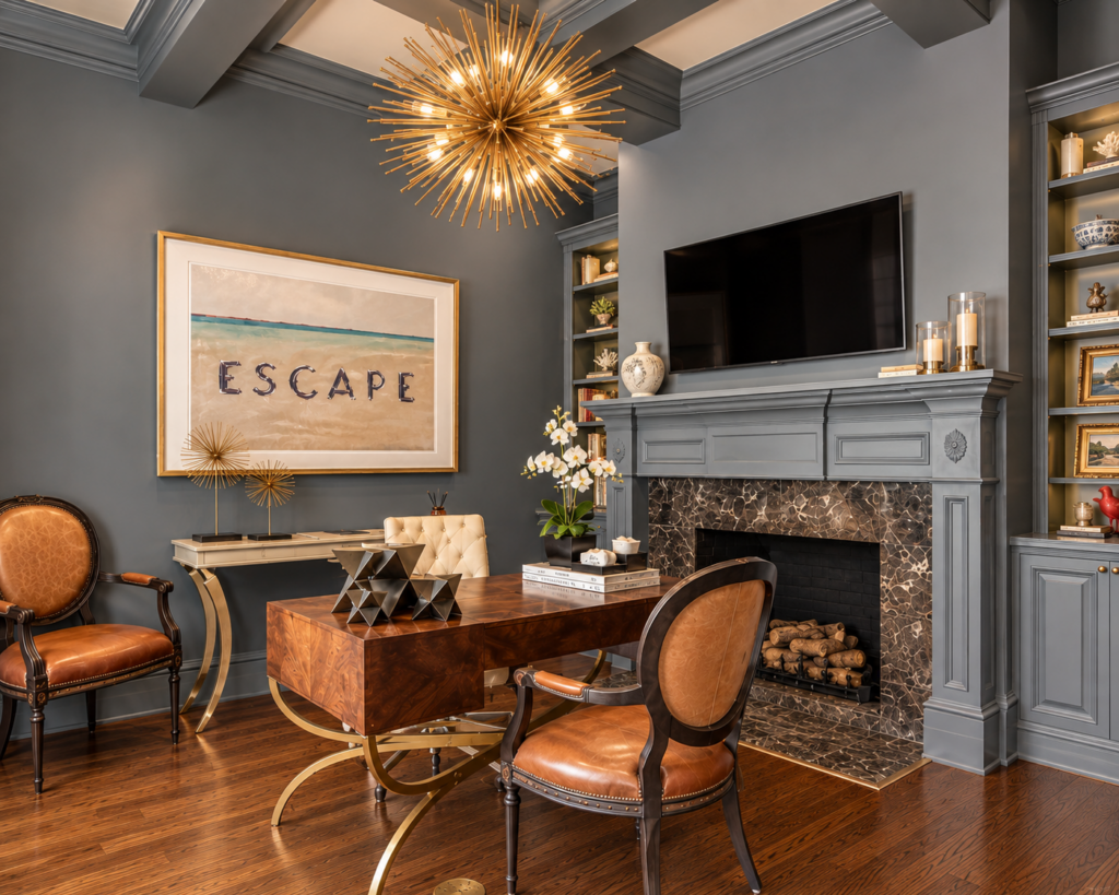 Blue-gray home office with a marble fireplace, sunburst chandelier, and leather chairs