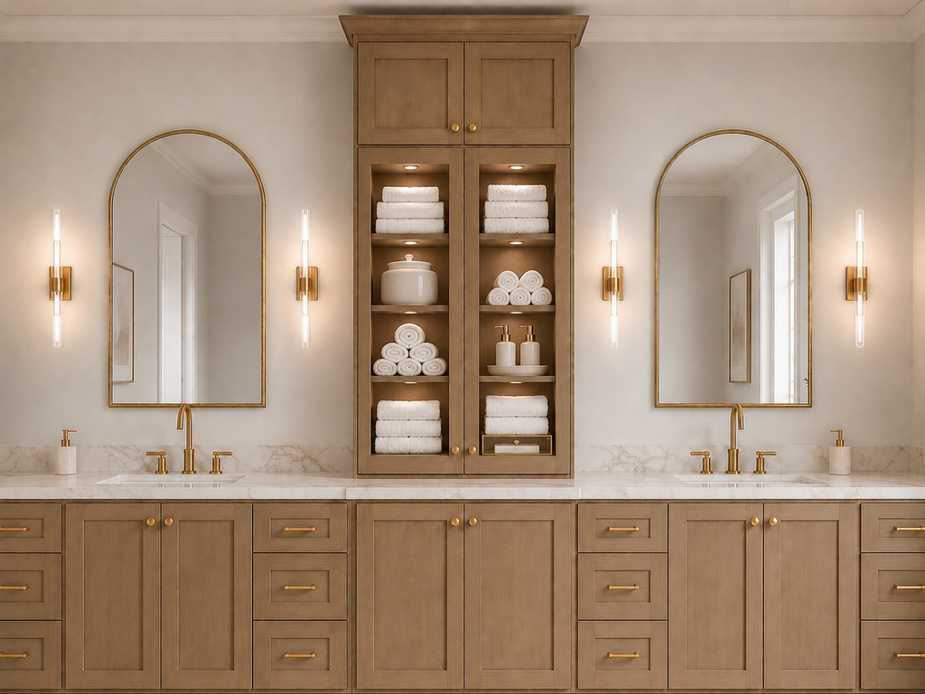 Bathroom with a double oak vanity, arched mirrors, and a linen tower