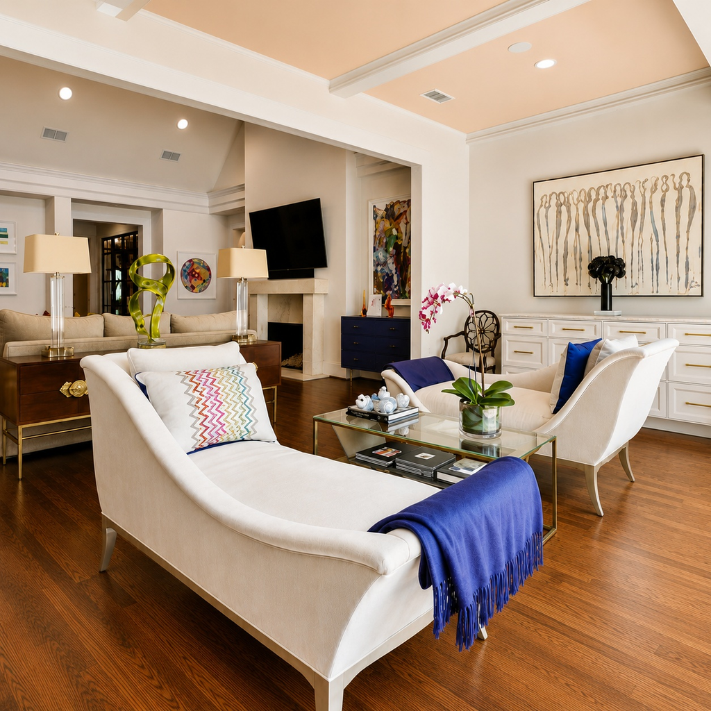 Sitting room with a white chaise, navy throw, and fireplace