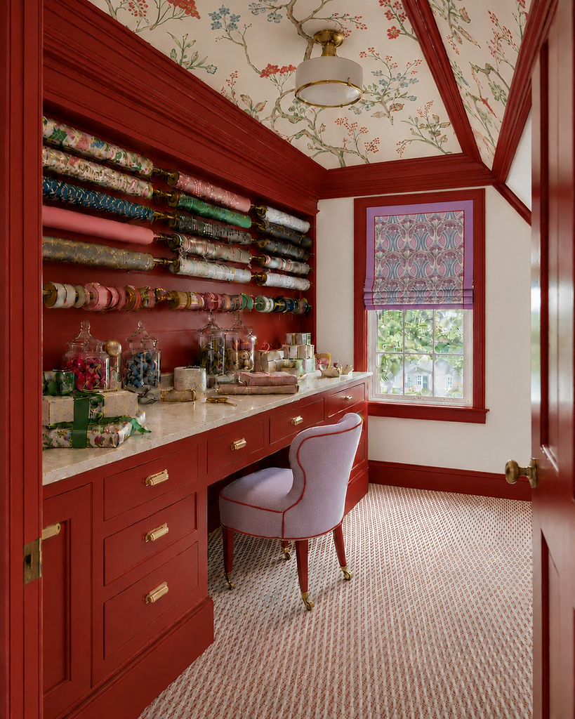 Red gift-wrap room with ribbon storage and chinoiserie wallpaper