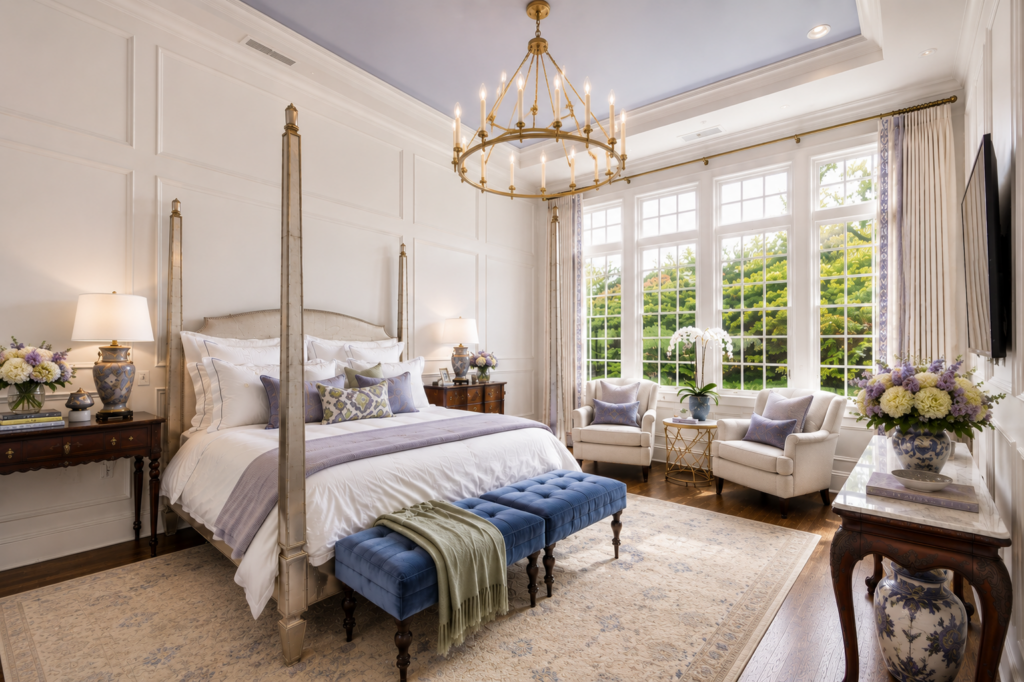 Primary bedroom with a four-poster bed, crystal chandelier, and a sitting area by tall windows
