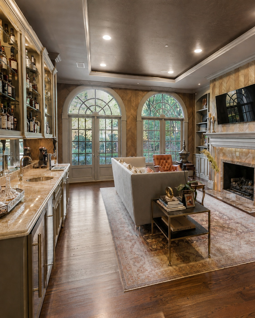 Lounge with built-in bar shelving, arched windows, and a fireplace