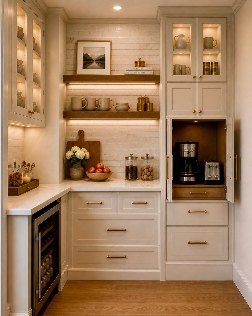 Coffee bar with glass-front cabinets, open shelving, and a wine fridge