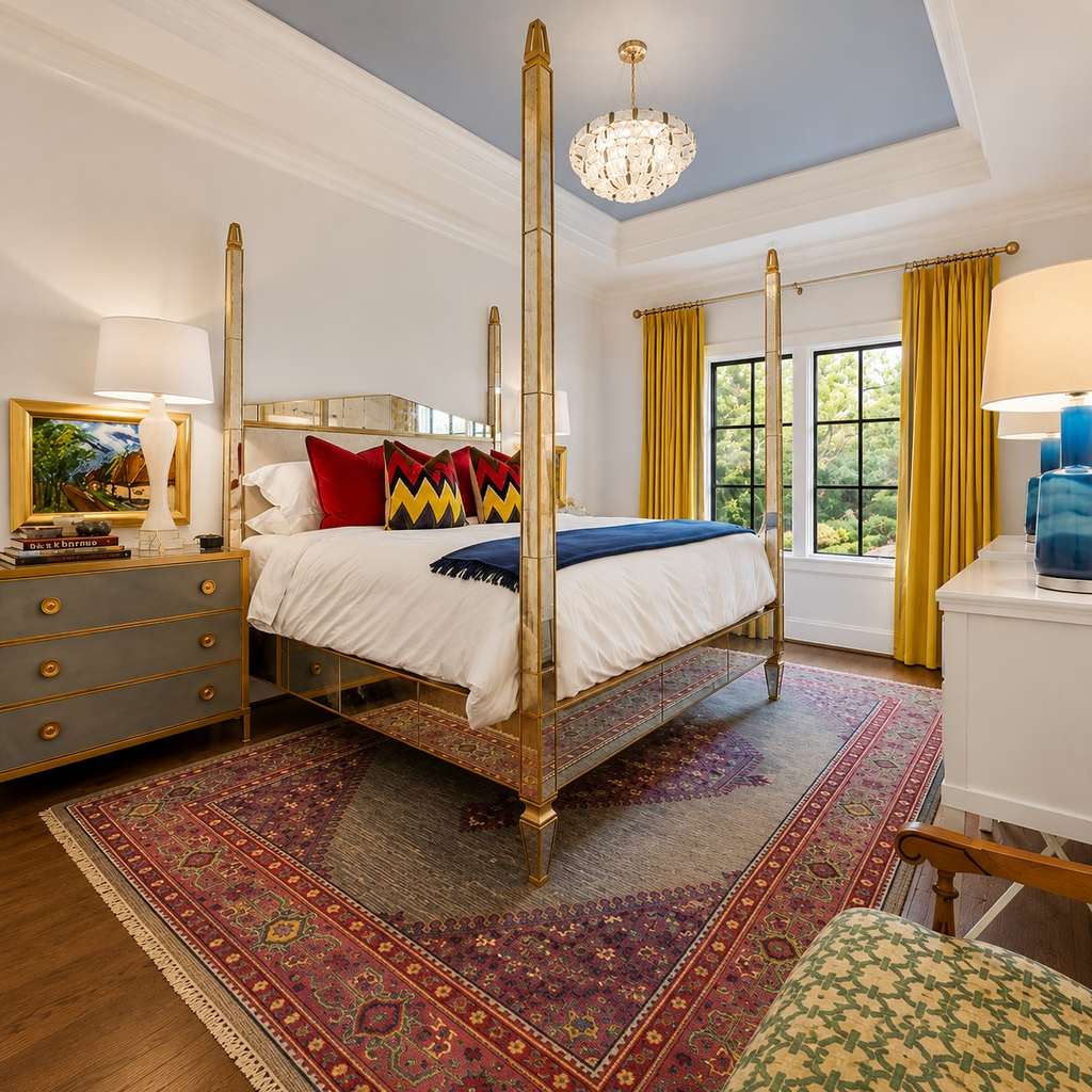 Bedroom with a brass four-poster bed, Persian rug, and mustard drapes