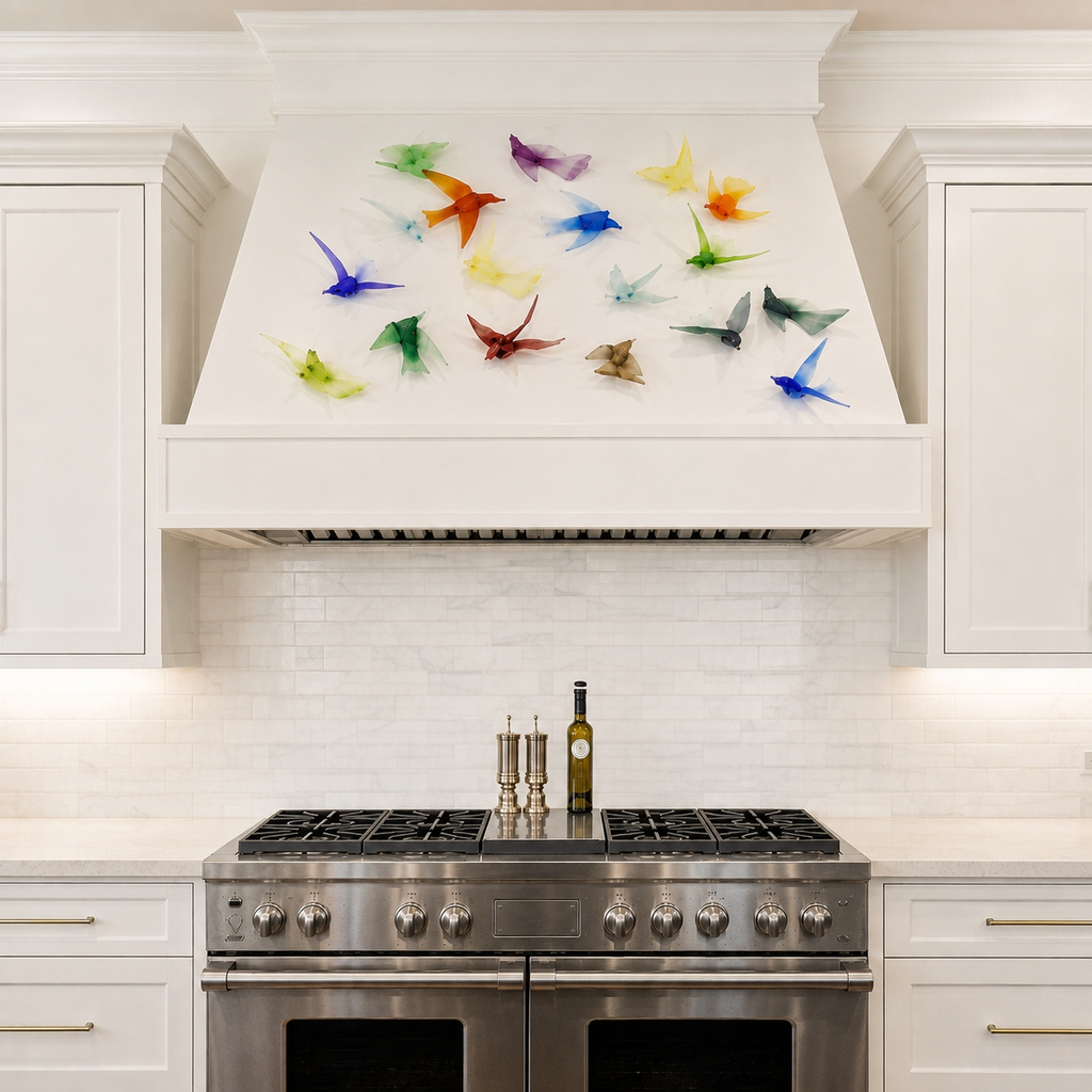 Range hood with colorful glass bird sculptures above a professional range