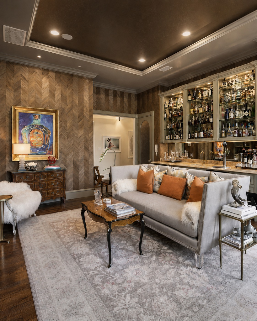 Lounge with a gray sofa, bar display cabinets, and a patterned rug