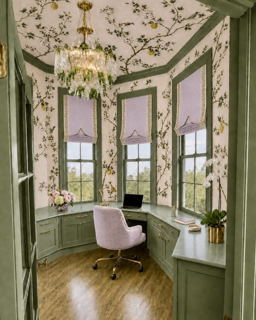 Green bay-window office with botanical wallpaper
