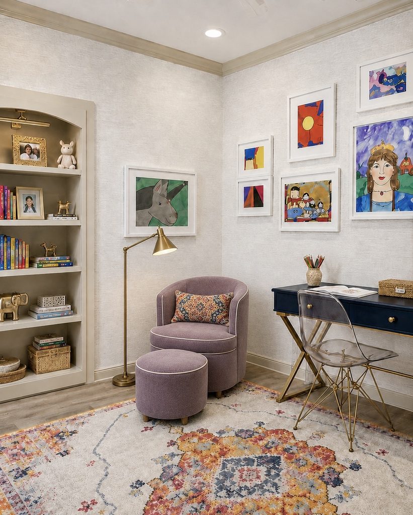 Reading nook with a lavender chair, built-in bookshelves, and framed children's art