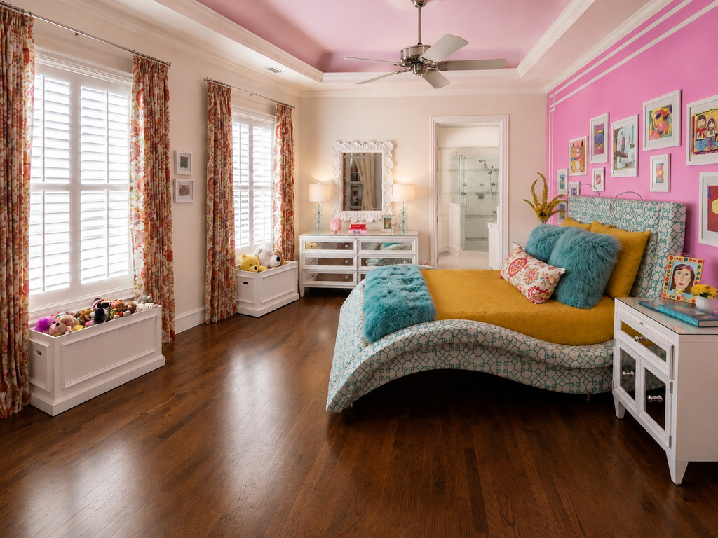 Girl's bedroom with a pink accent wall and a curved chaise