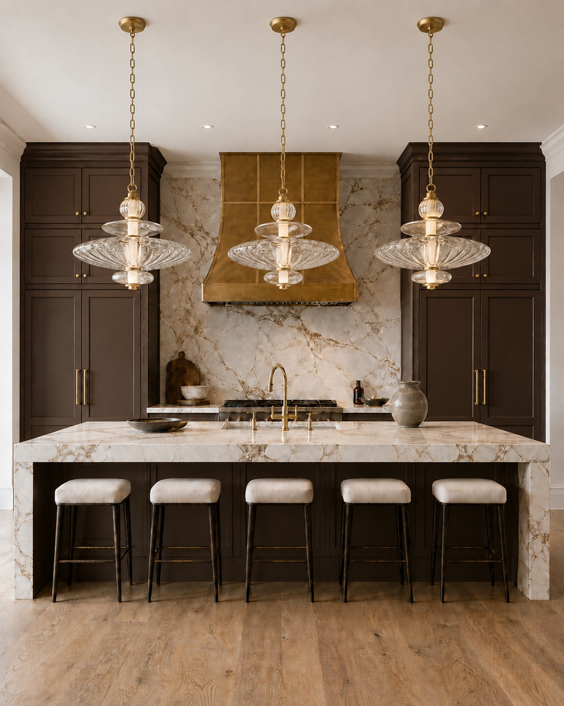 Kitchen with dark cabinetry, a brass hood, glass pendants, and a marble island