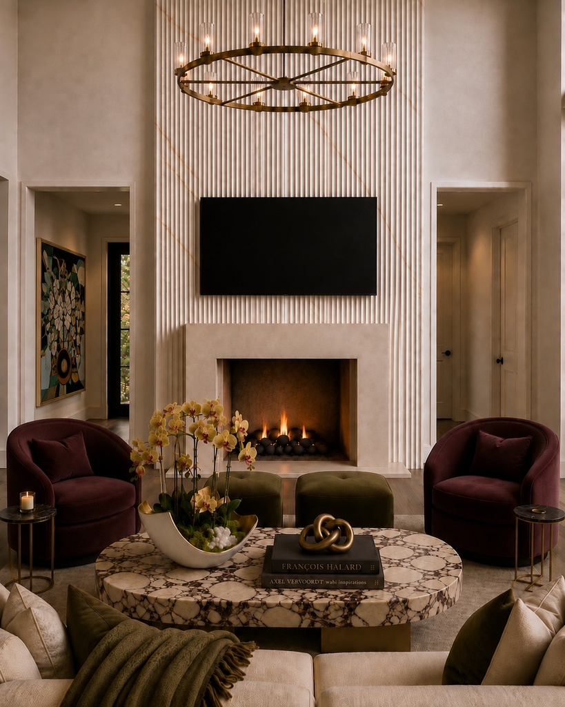 Living room with a paneled fireplace wall, ring chandelier, and plum swivel chairs