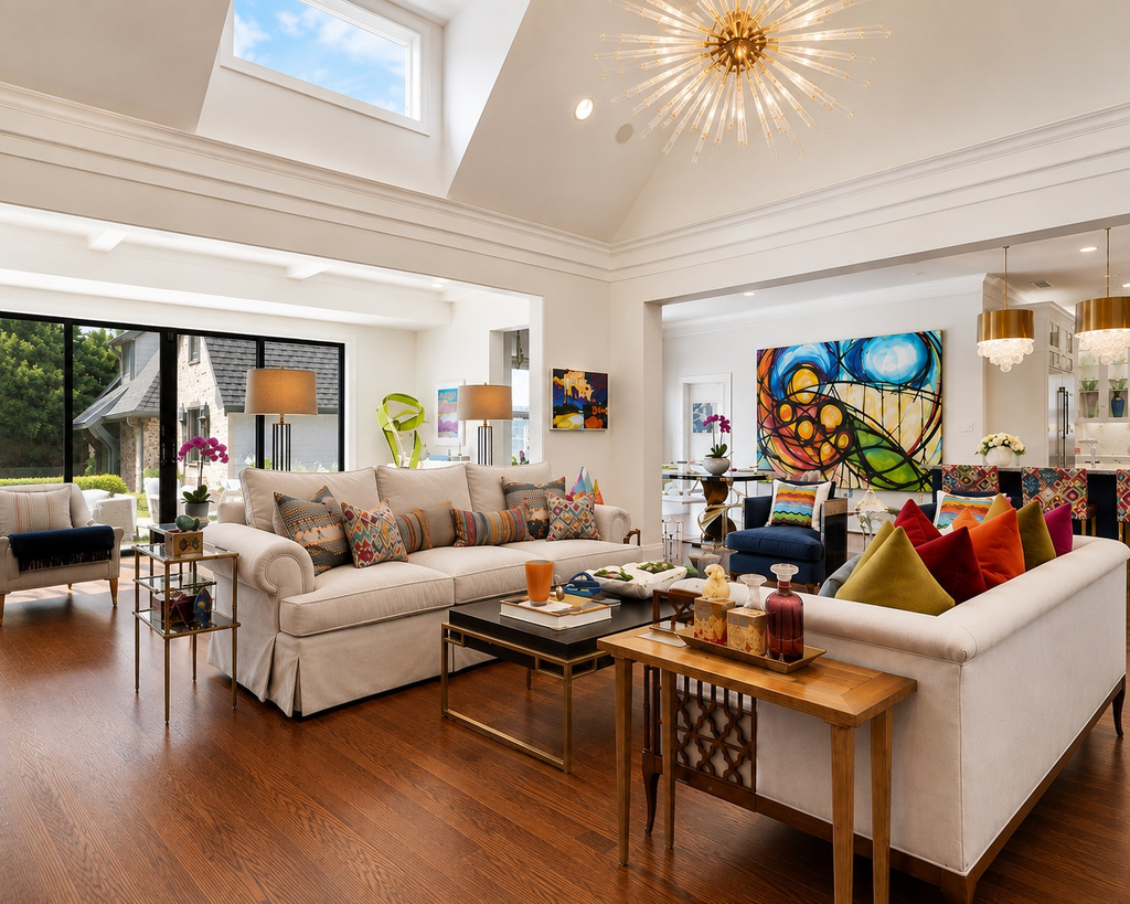 Open family room with a white sectional, skylight, and bold abstract artwork