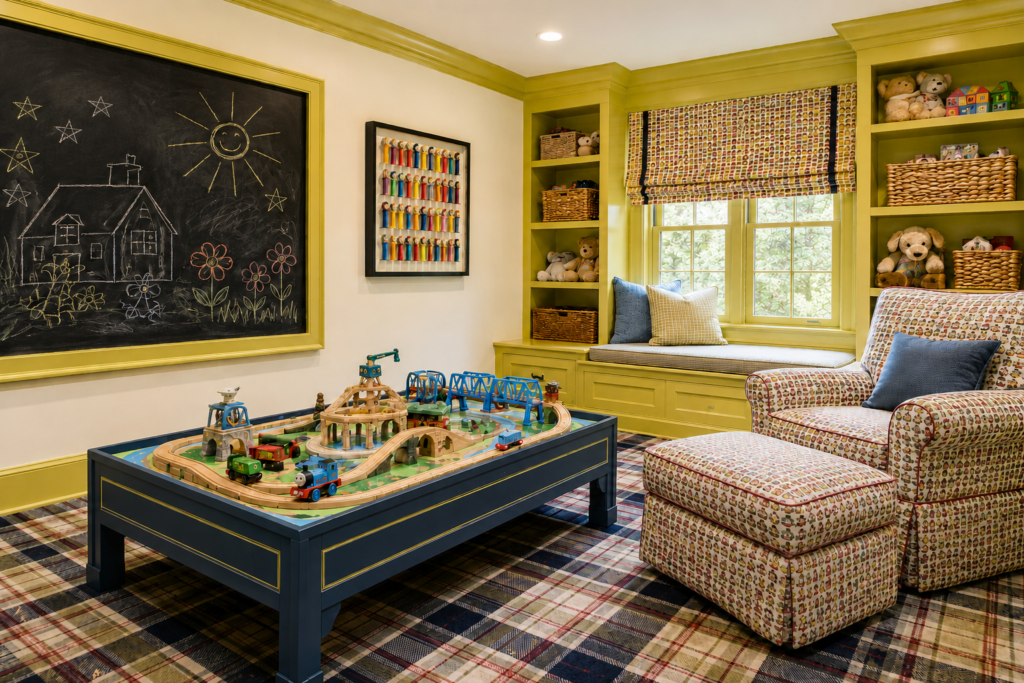 Children's playroom with a chalkboard wall, train table, and plaid rug