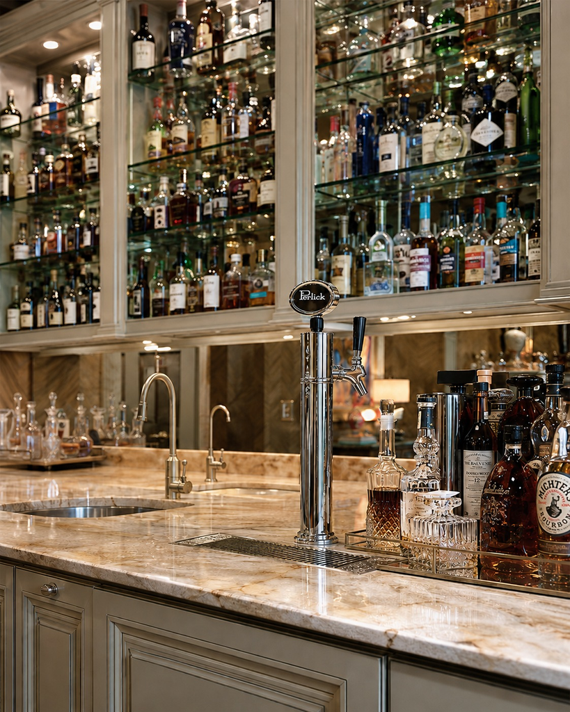 Home bar with a beer tap, marble counter, and lit bottle shelving