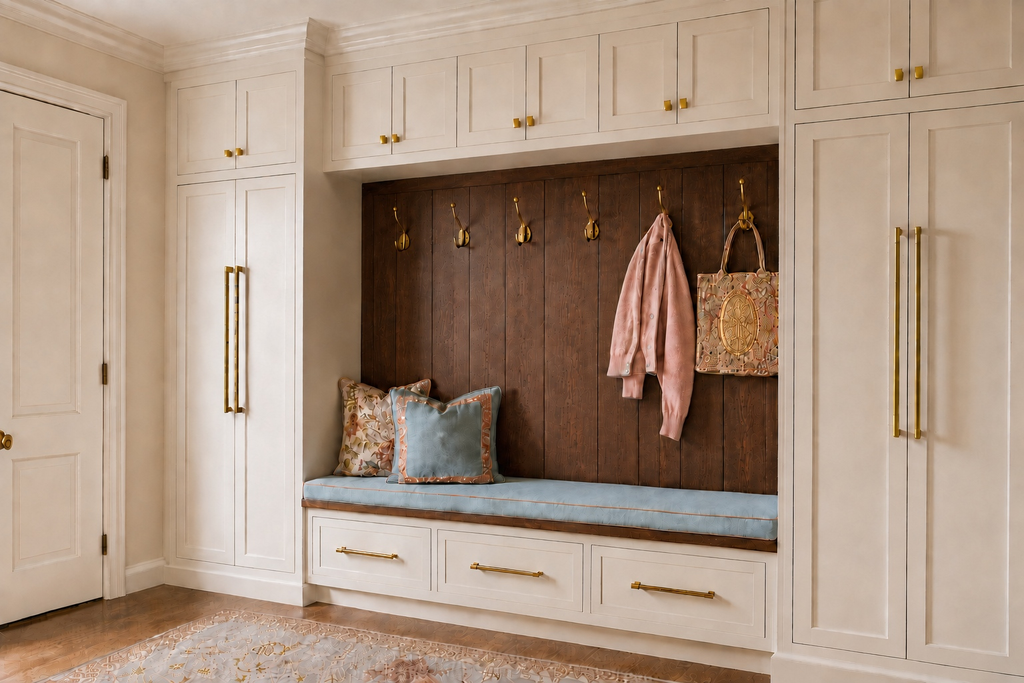 Mudroom with a walnut-paneled bench nook, cushioned seat, and tall cabinets