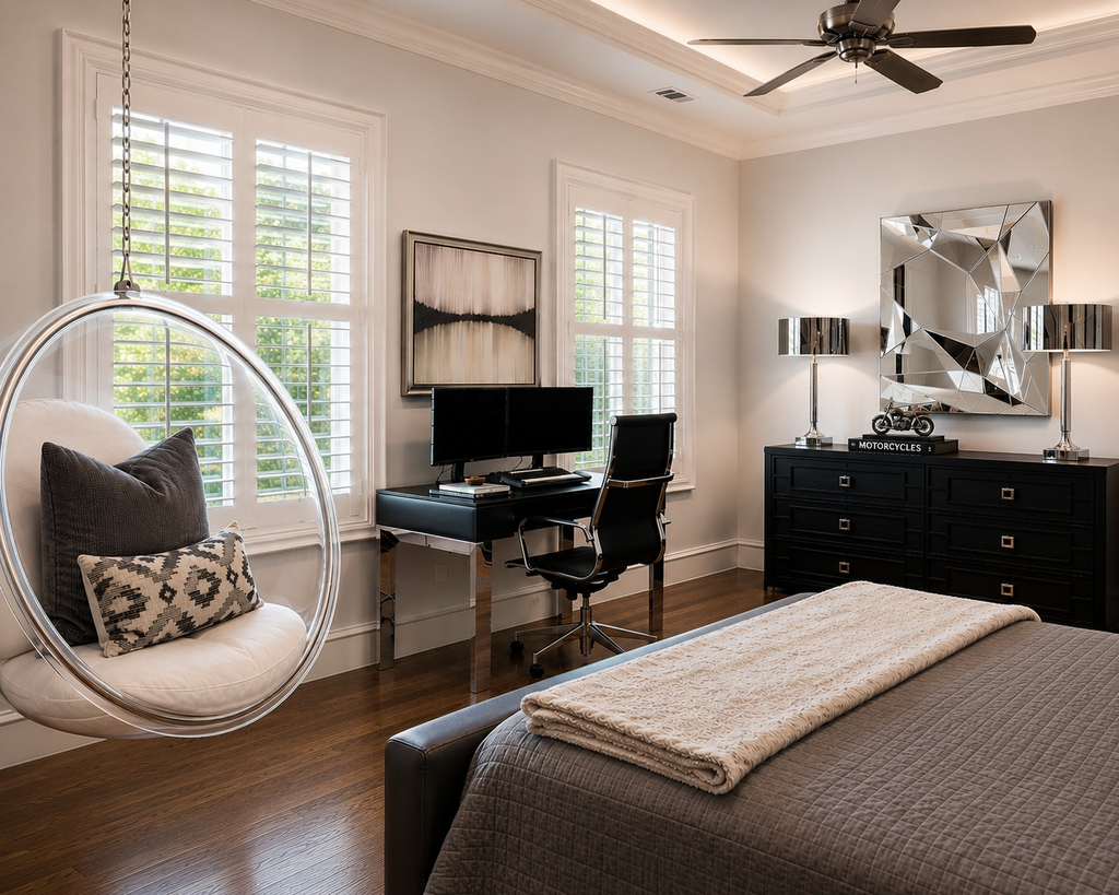 Teen bedroom with a hanging bubble chair and a desk