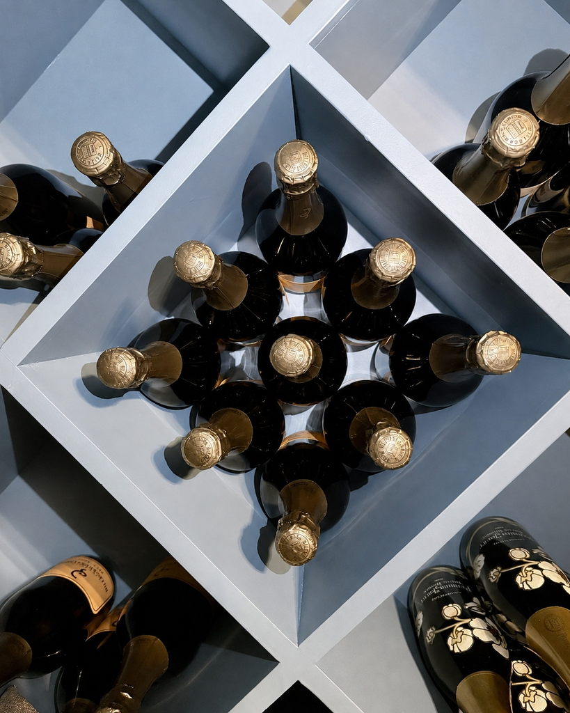 Champagne bottles in a diamond-shaped wine rack