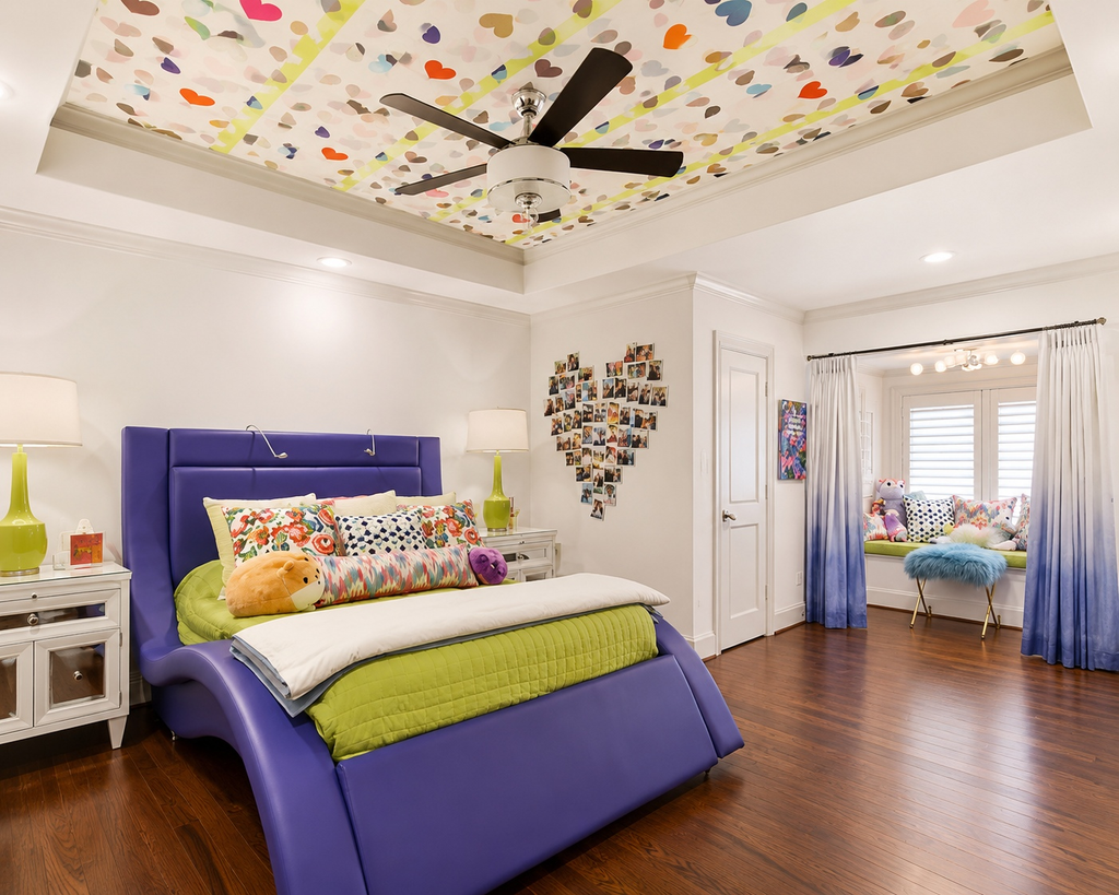 Kid's bedroom with a purple curved bed and colorful dotted ceiling