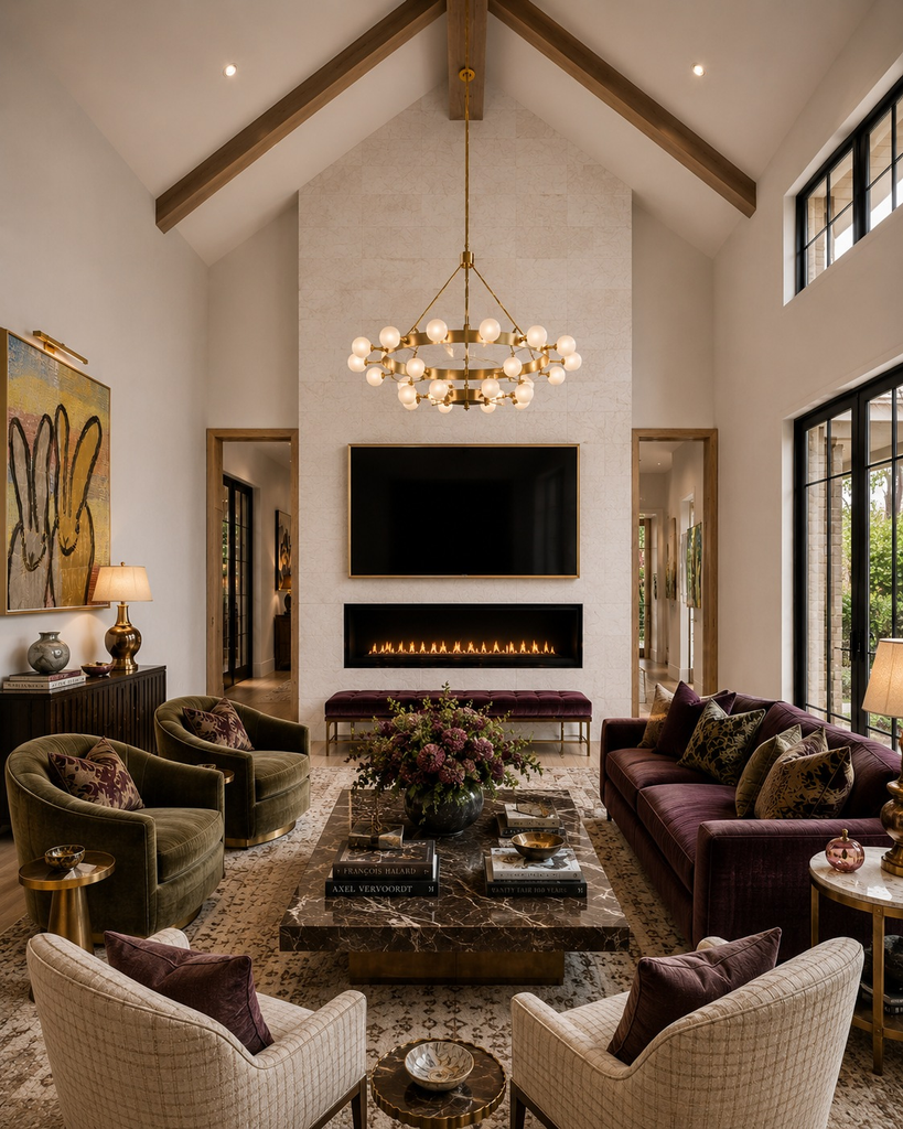Vaulted living room with exposed beams, a linear fireplace, and plum velvet seating