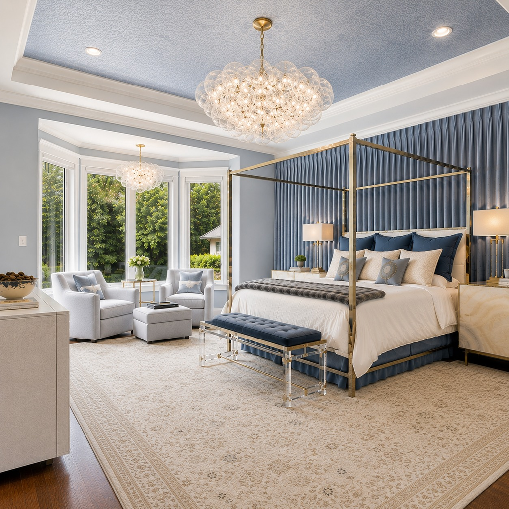 Bedroom with a brass canopy bed, bubble chandelier, and blue channeled wall