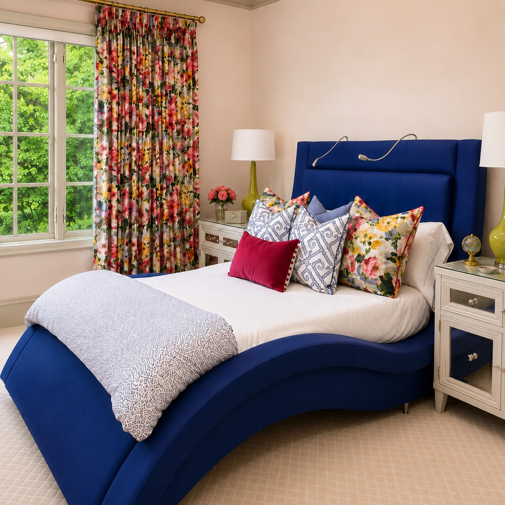 Guest bedroom with a curved navy upholstered bed and floral drapes