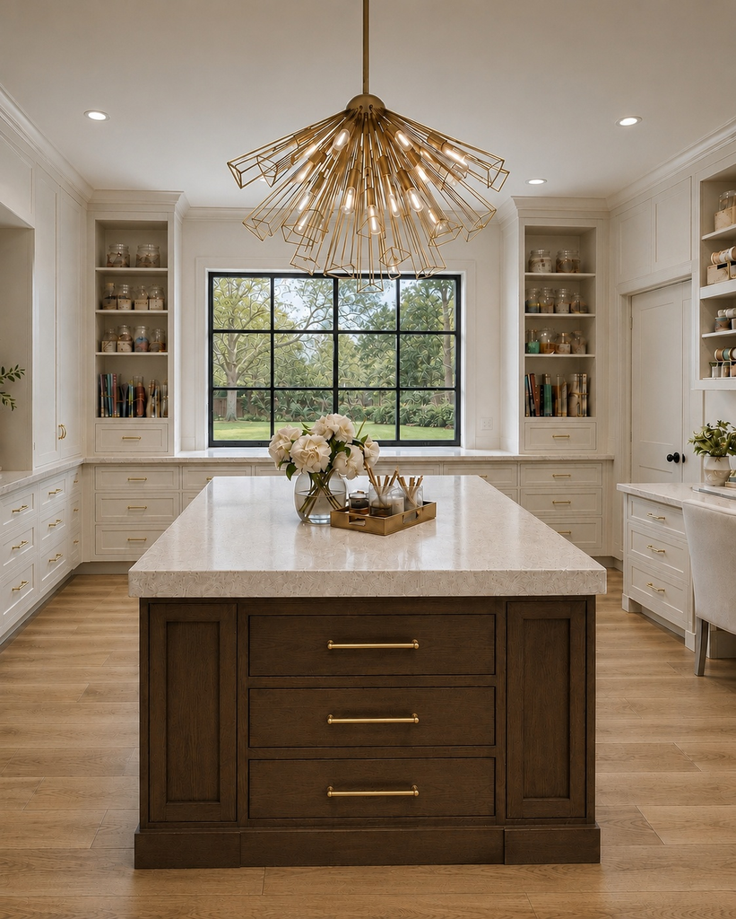 Craft room with a large wood island and a starburst chandelier