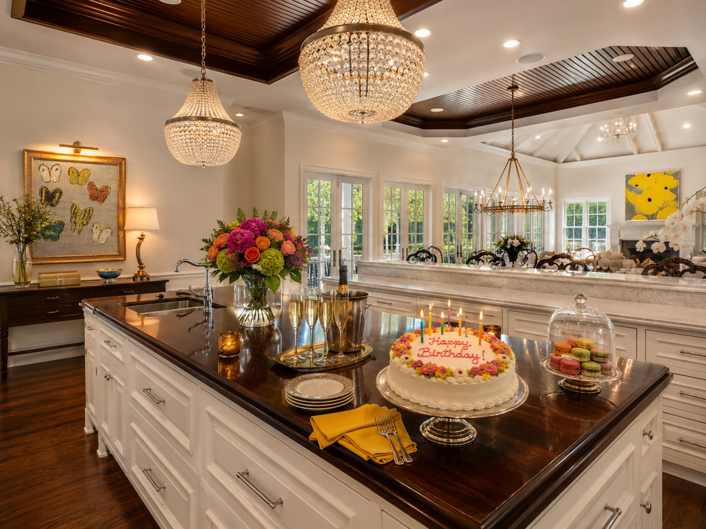 Kitchen island set for a birthday celebration with flowers, cake, and champagne