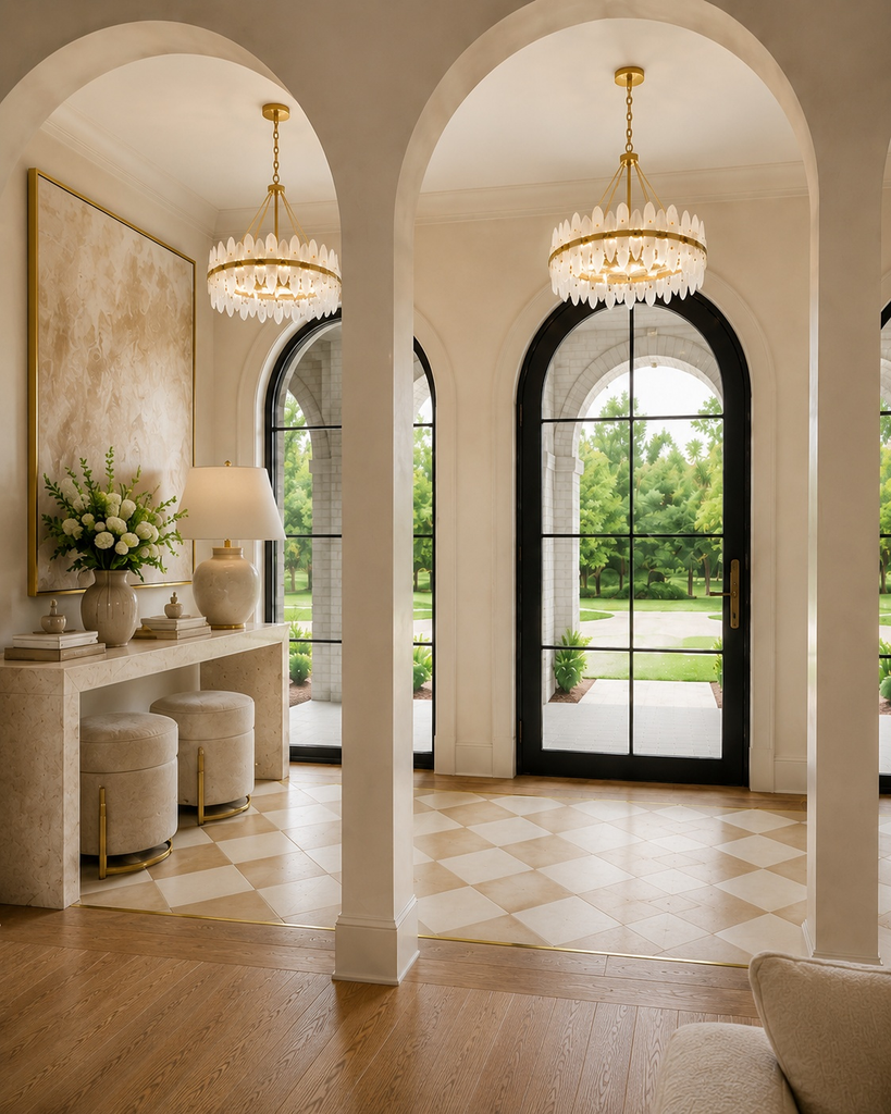 Arched entry with crystal chandeliers, a checkered floor, and black steel doors