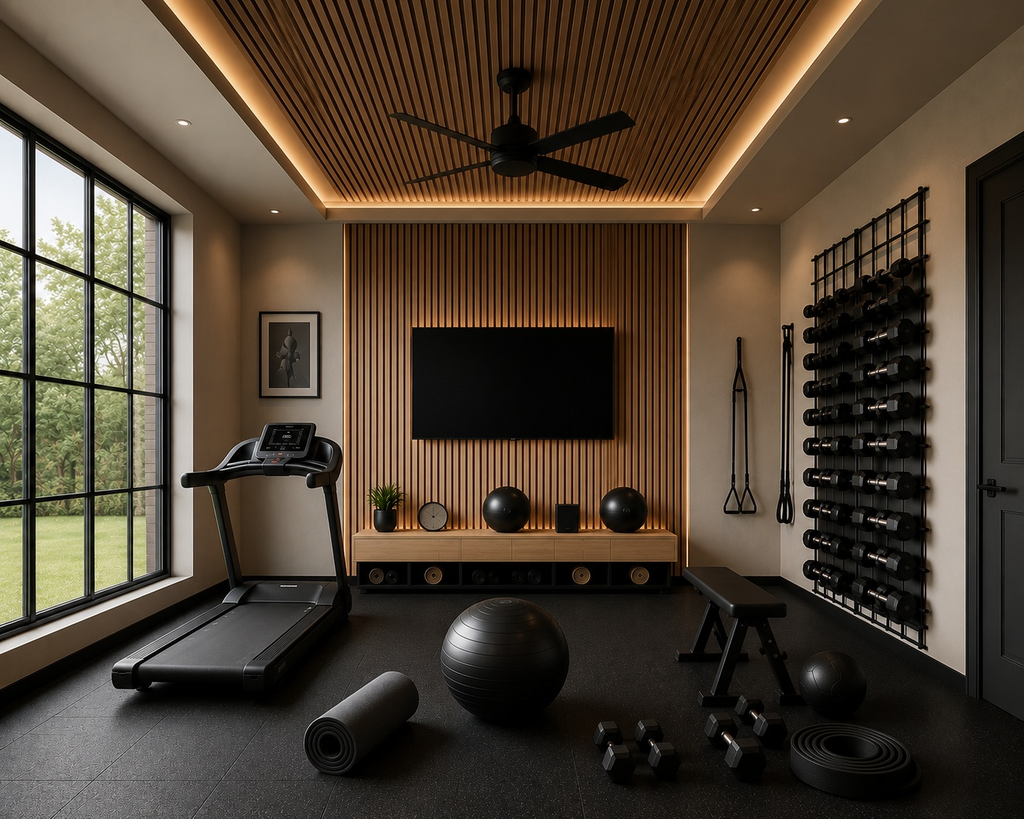 Home gym with a slatted wood ceiling, treadmill, and weights