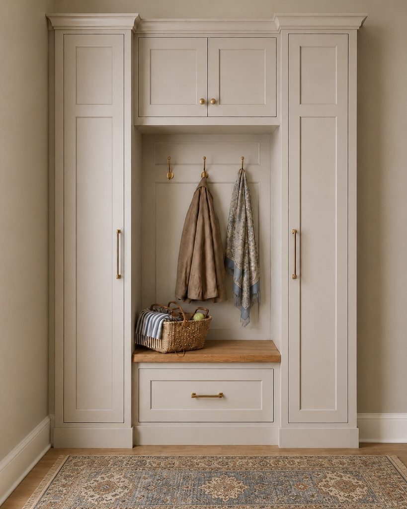 Built-in mudroom cabinetry with a bench, hooks, and brass hardware
