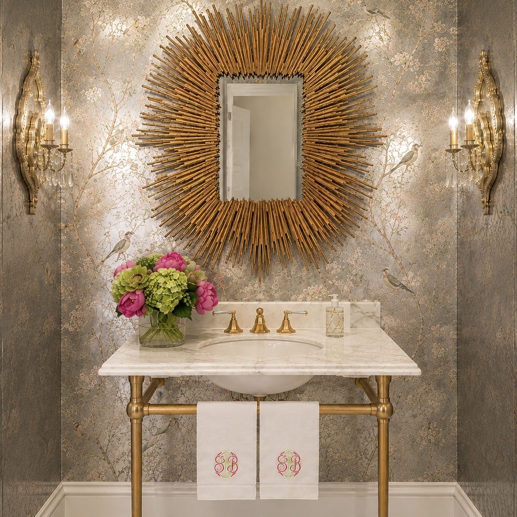 Powder room with a sunburst mirror, marble console sink, and gold sconces