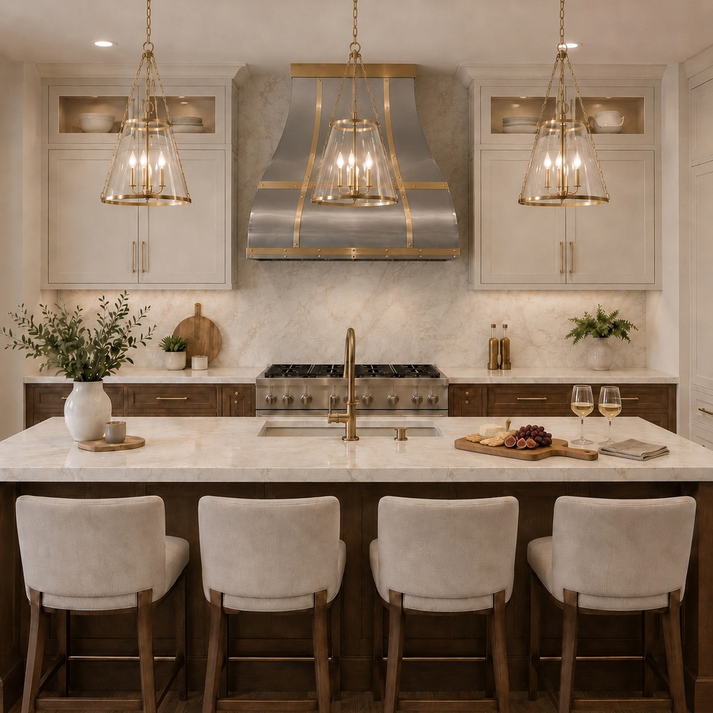 Kitchen with a stainless and brass range hood, lantern pendants, and a marble island