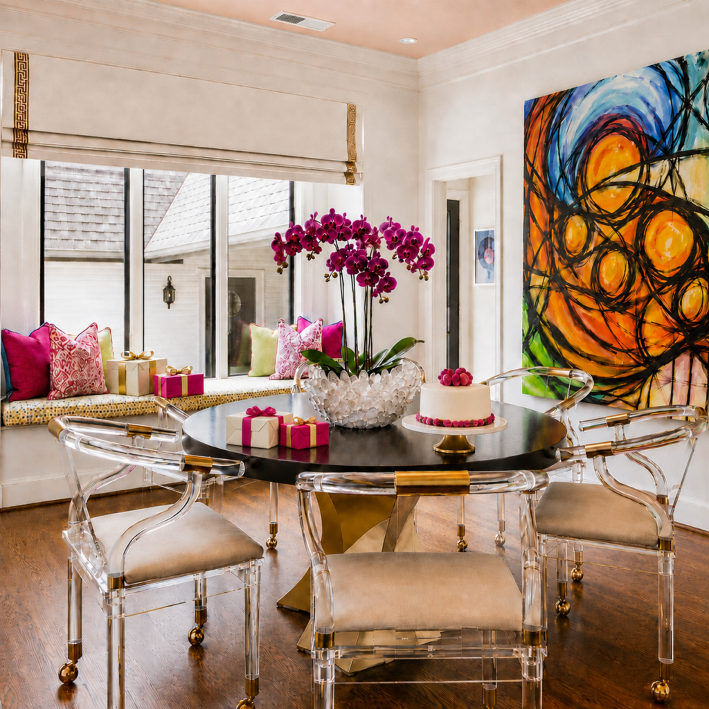 Breakfast nook with acrylic chairs, orchids, and colorful abstract art