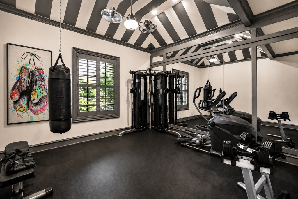 Home gym with a striped ceiling, punching bag, and strength equipment