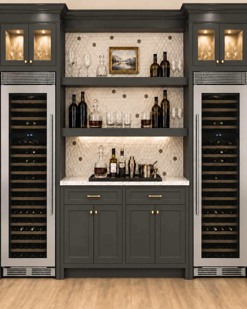 Charcoal bar cabinetry with dual wine refrigerators and open shelving