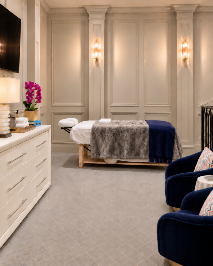 Home spa room with a massage table and paneled walls