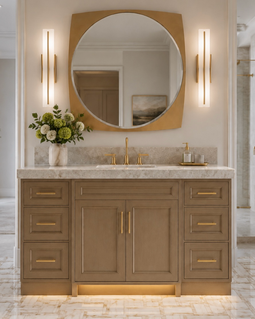 Oak bathroom vanity with a round mirror and brass sconces