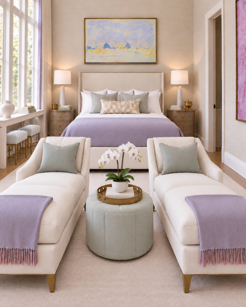 Bedroom sitting area with twin chaises and lavender throws