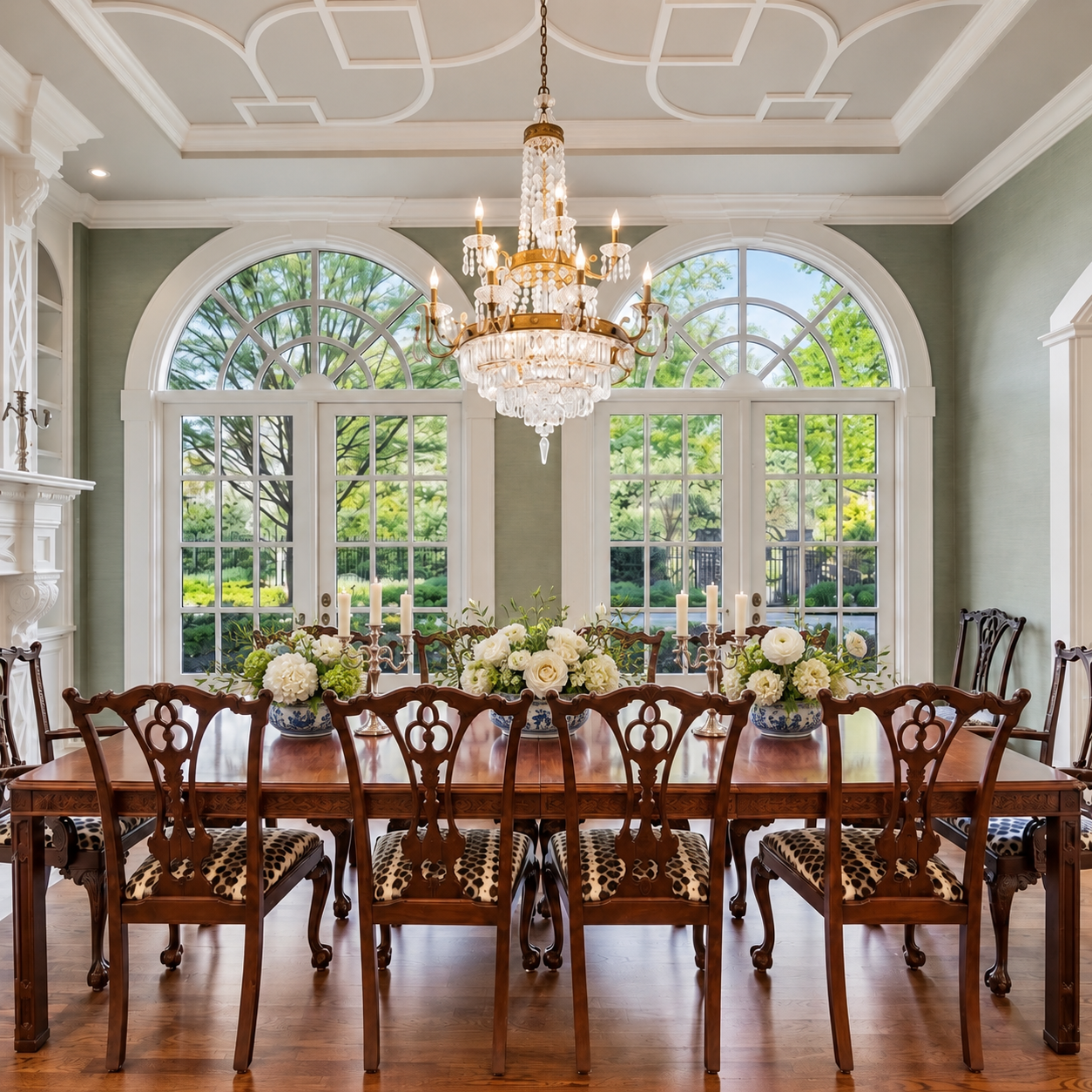 Formal dining room with arched windows, a crystal chandelier, and a long wood table
