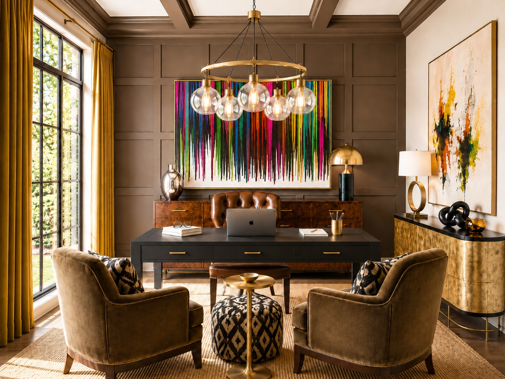 Home office with a brass chandelier, velvet armchairs, and colorful artwork