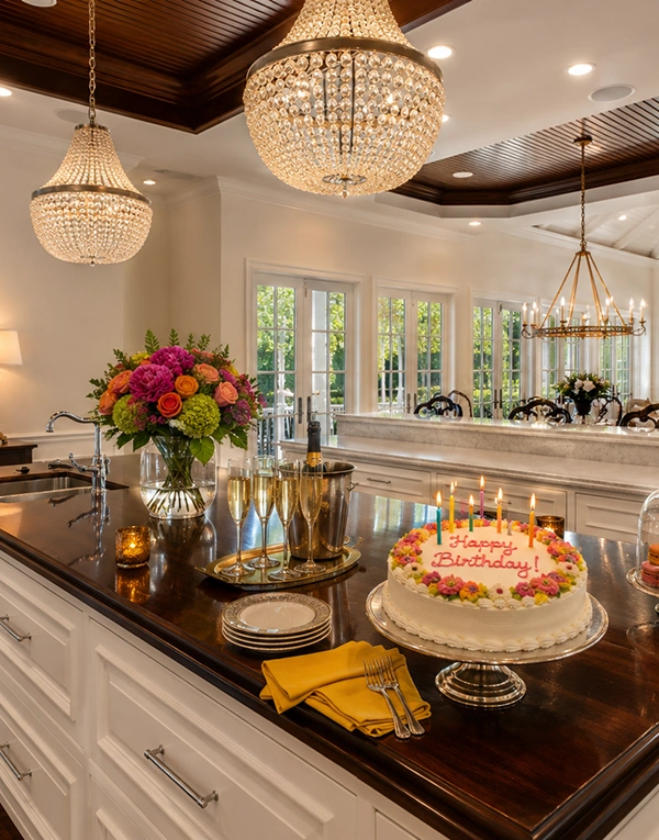 Kitchen island styled for a birthday party with a cake, flowers, and champagne