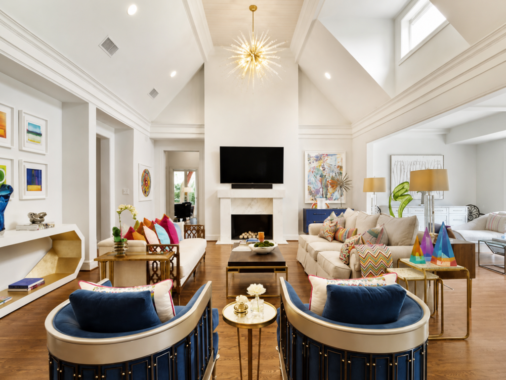 Vaulted family room with navy accent chairs, a sunburst chandelier, and colorful art
