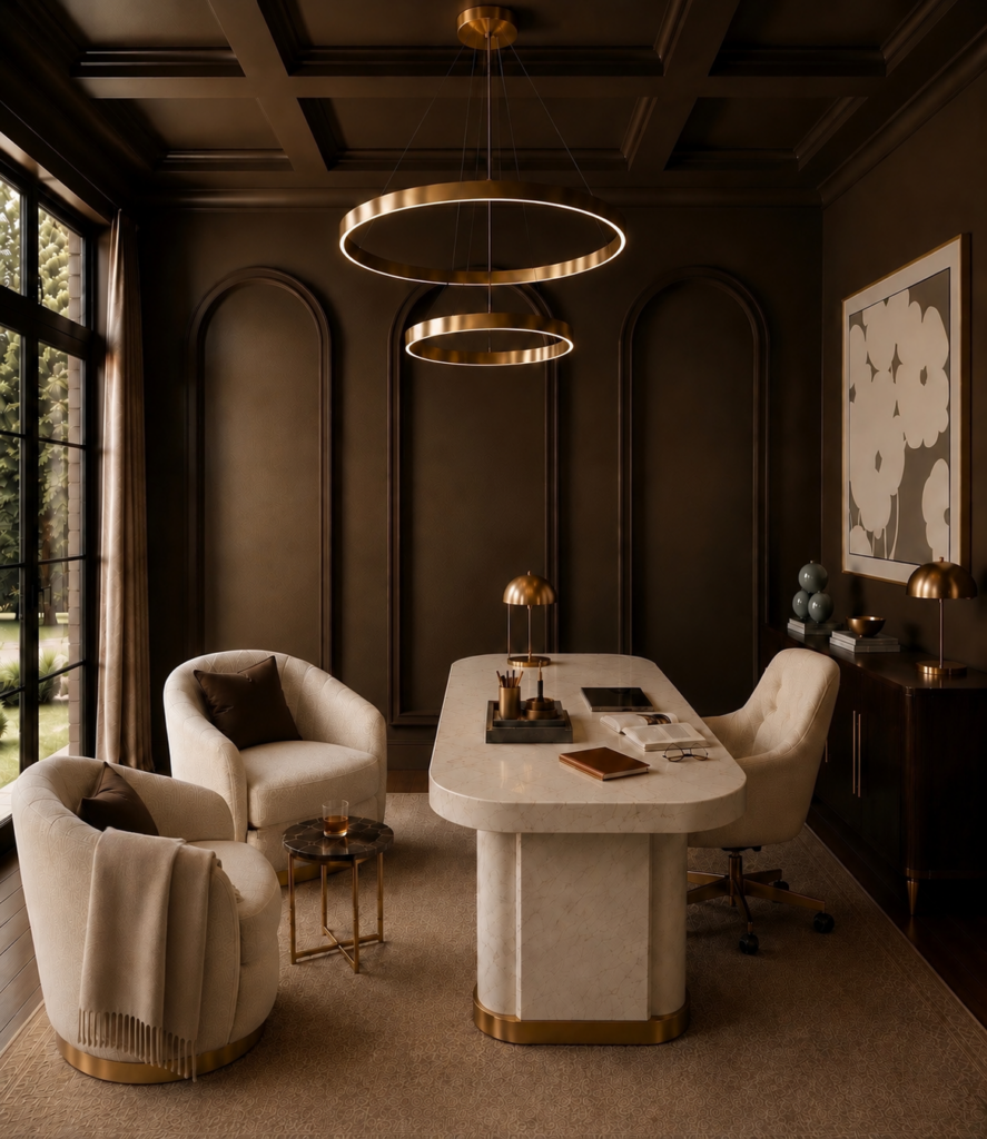 Dark paneled study with ring pendants and a sculptural desk